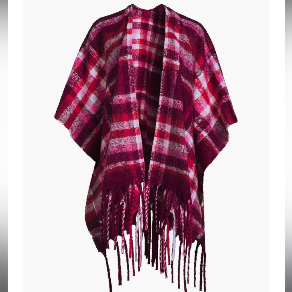 New Lands End Women’s Brushed Boucle Ruana in Vivid Plum/Magenta Plaid OS